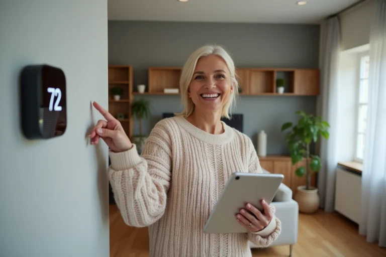 Femme souriante pointant un thermostat connecté dans un salon moderne