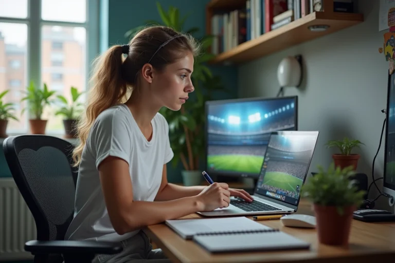 Jeune femme lisant actualites sportives au bureau