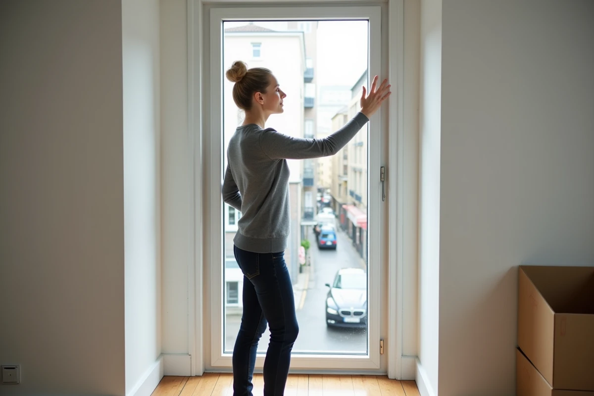 Femme inspectant une fenêtre à double vitrage nouvellement installée dans un appartement rénové