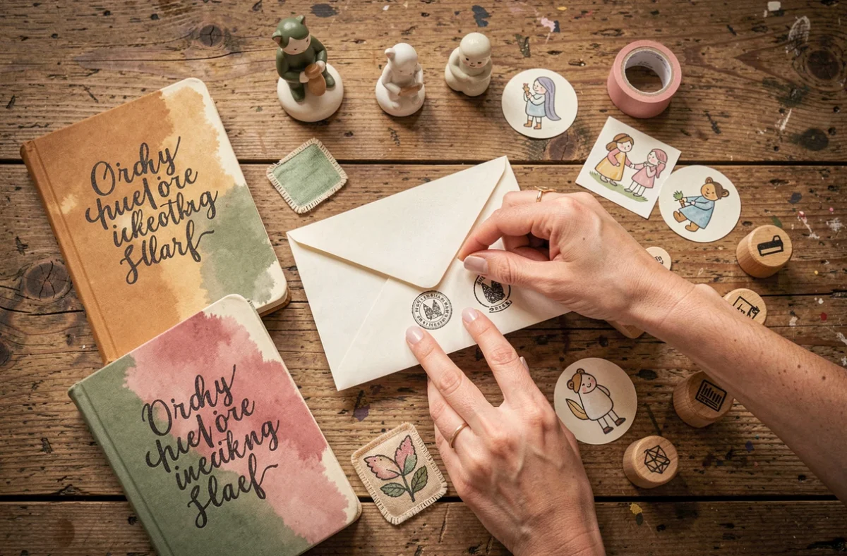 Vue de dessus d'une collection d'objets artisanaux personnalisés et originaux disposés sur une table en bois