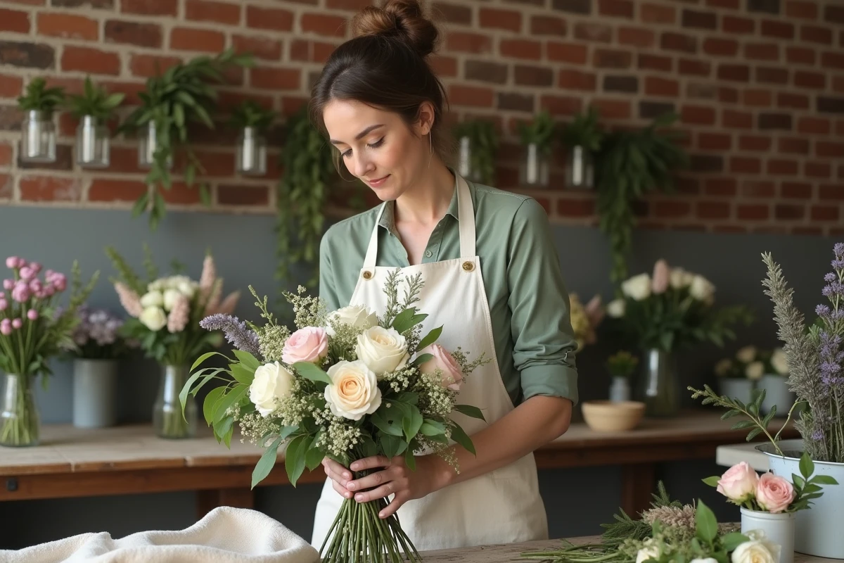 Fleuriste professionnelle composant un bouquet de mariée avec des roses et du ranunculus dans un atelier fleuri aux murs en briques apparentes