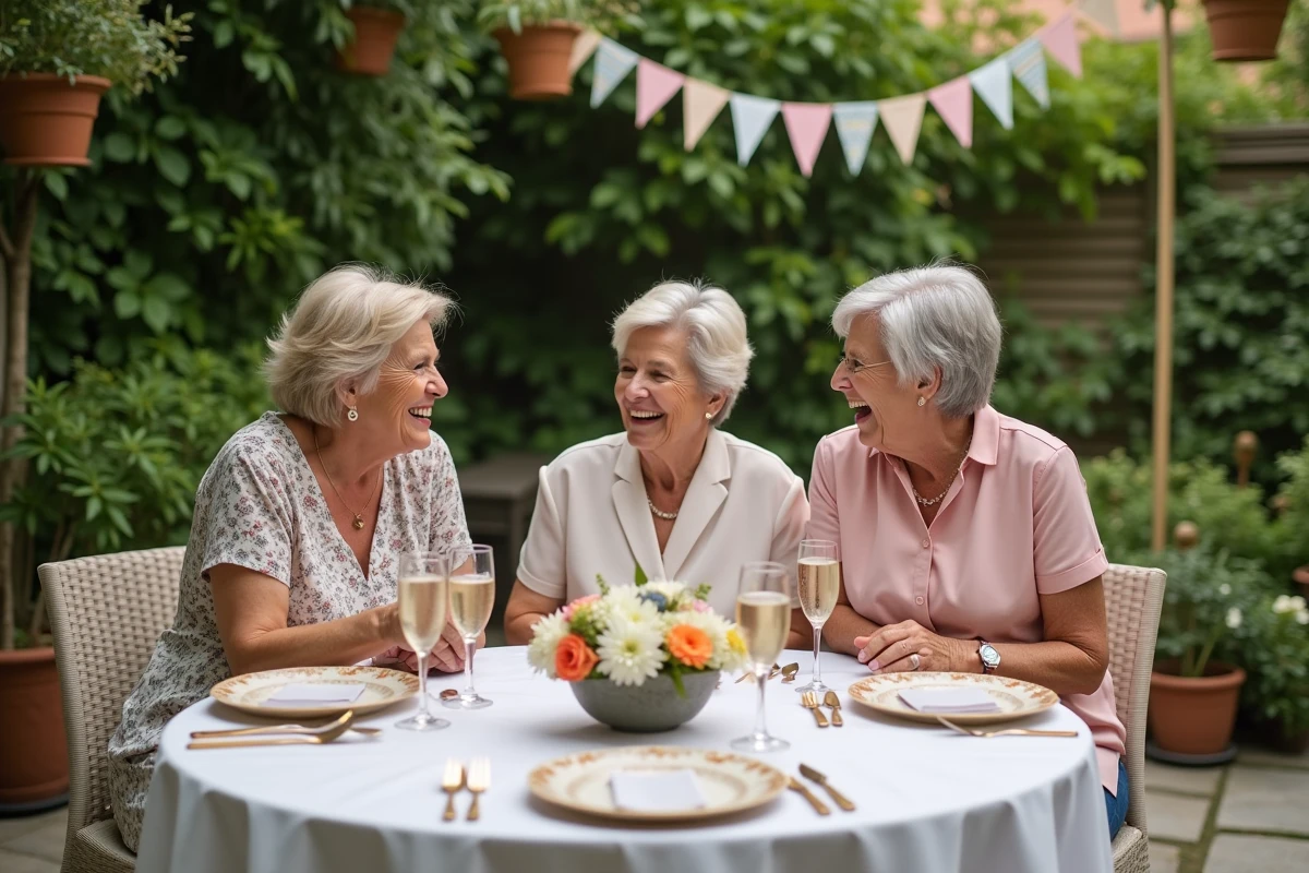 Groupe d'amies d'une soixantaine d'années qui célèbrent un anniversaire avec humour dans un jardin fleuri