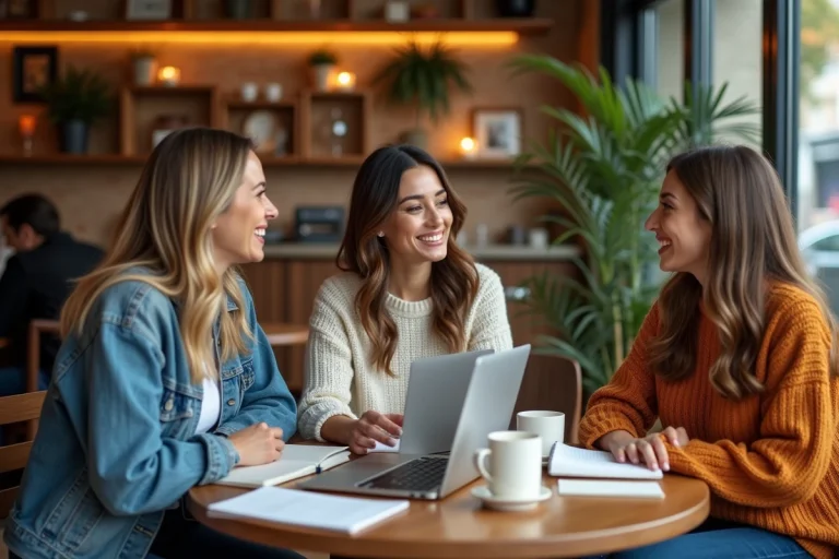 Groupe de blogueuses réunies autour d'une table de café pour discuter de leurs projets et actualités 2024 dans le cadre de Graines de Blogueuses