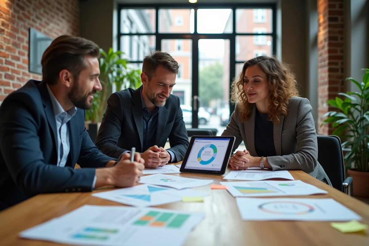 Groupe d'entrepreneurs en réunion stratégique dans un espace de co-working moderne avec documents et tablette numérique