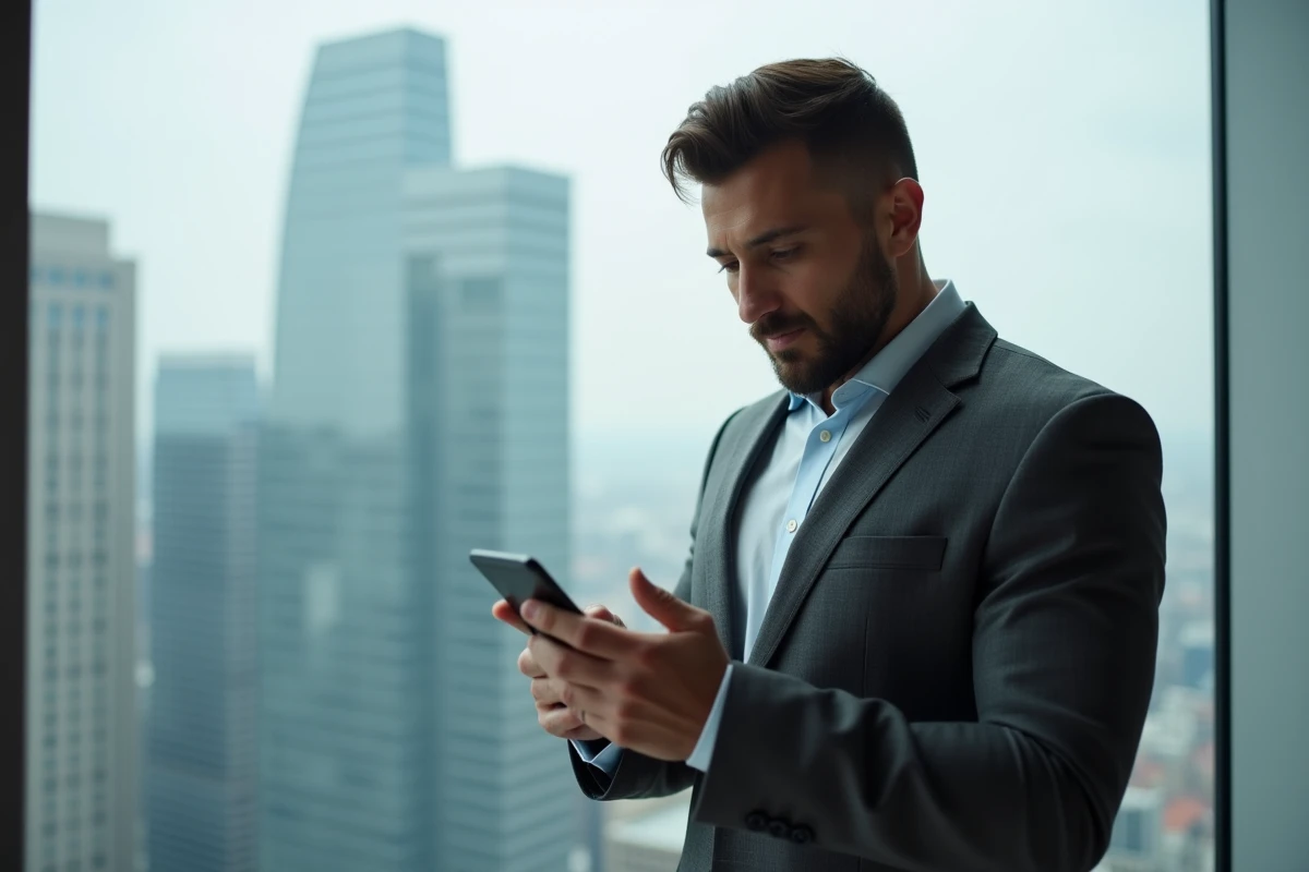 Homme d'affaires confiant au téléphone devant une vue panoramique urbaine depuis un bureau en hauteur