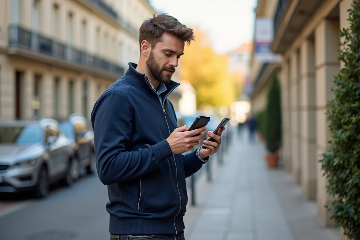 Homme consultant une application immobilière sur smartphone dans une rue résidentielle parisienne