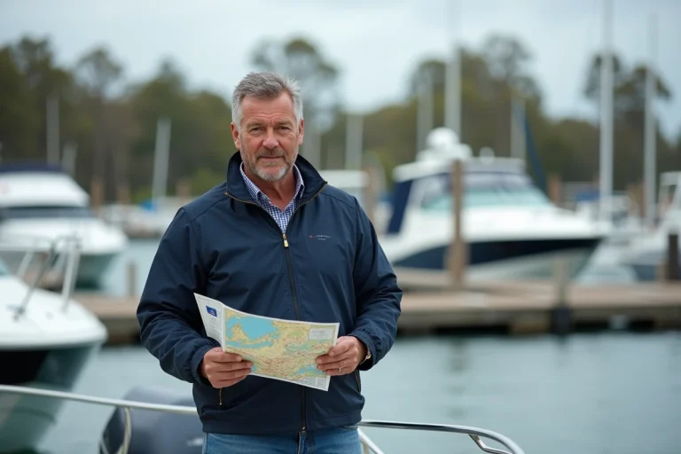 Homme français sur bateau avec carte nautique Australie