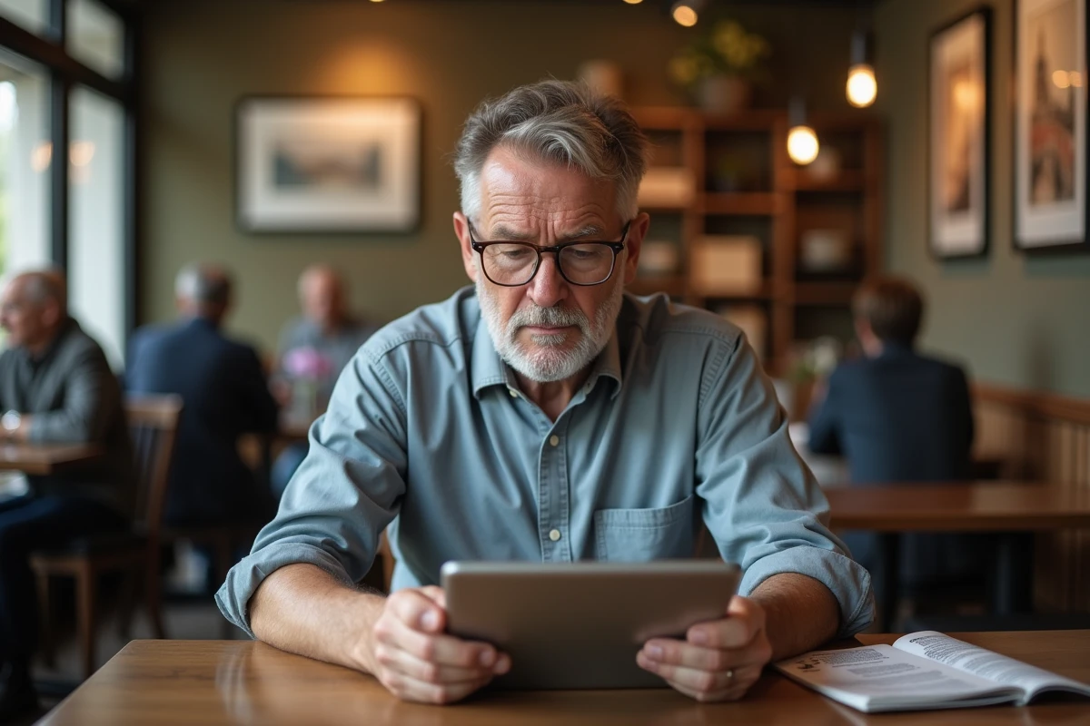 Homme mature dans un café consulte annonces d emploi