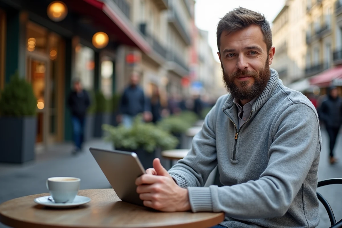 Homme avec barbe utilisant une tablette en terrasse urbaine