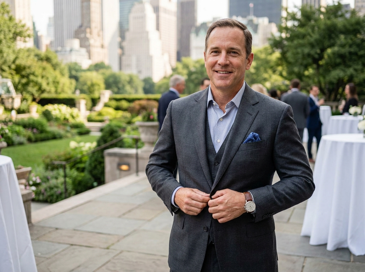 Homme en costume trois pièces dans un jardin urbain en extérieur