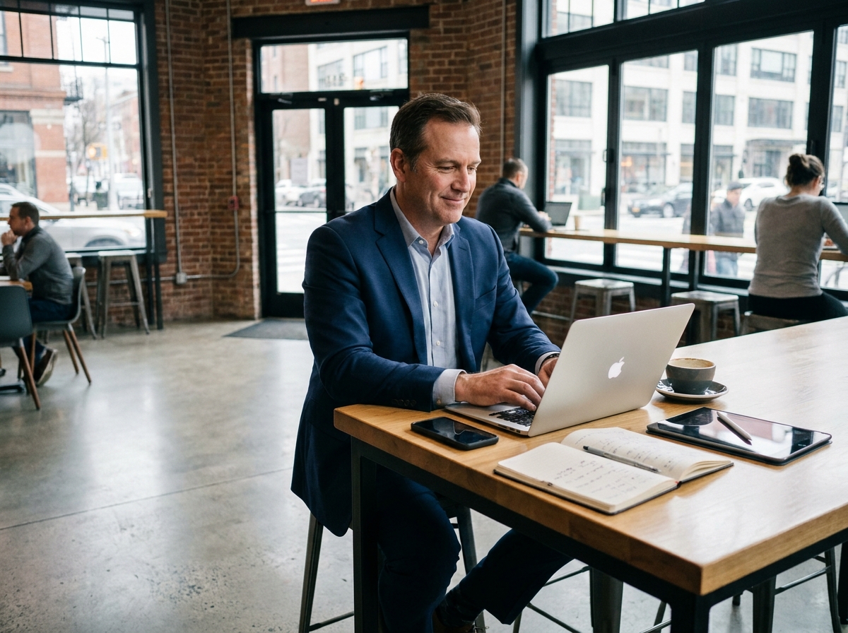 Homme d affaires travaillant sur son ordinateur dans un café moderne