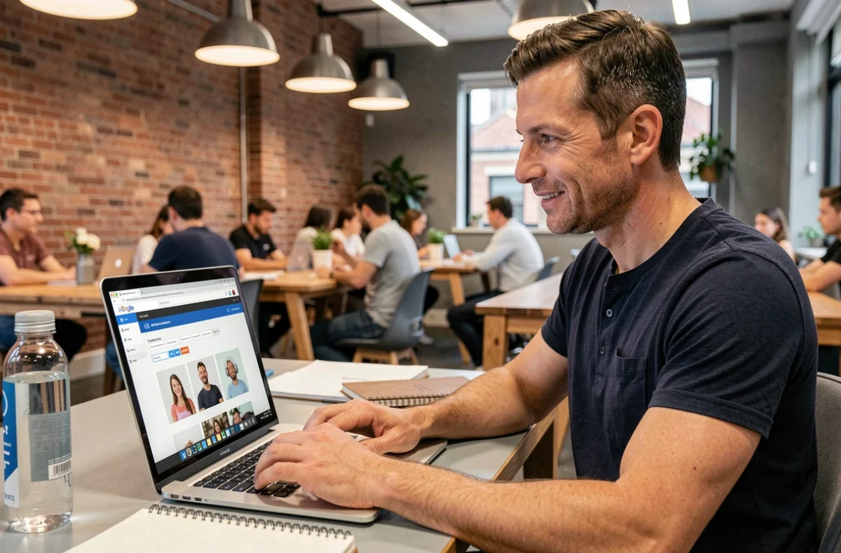 Un homme en espace de coworking travaillant sur la conception d'un site web professionnel avec un laptop