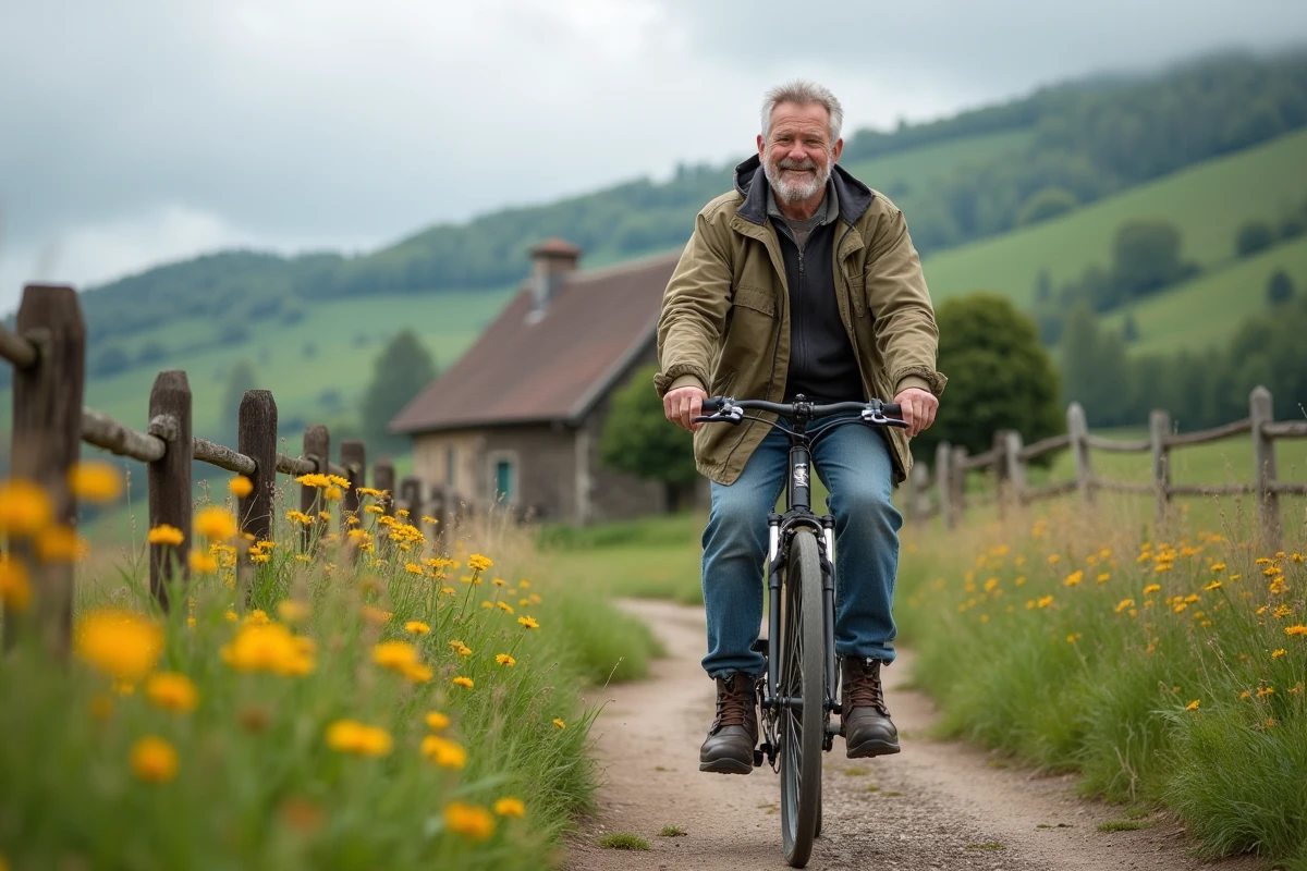 Homme à vélo dans un paysage de prairies fleuries