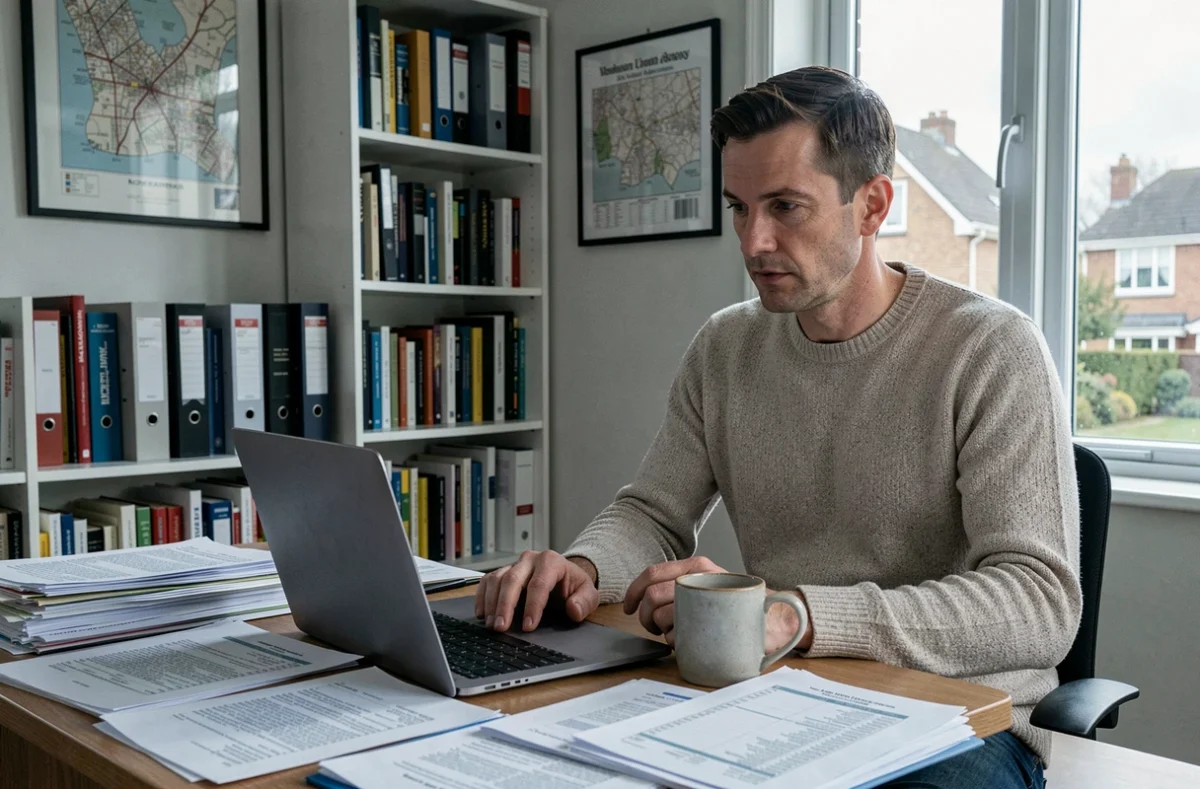 Homme analysant un investissement immobilier sur ordinateur portable avec des documents financiers sur son bureau à domicile