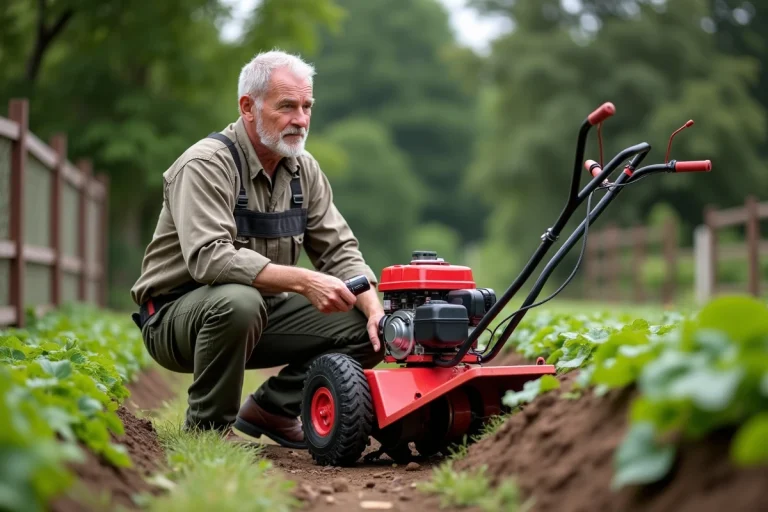 Homme en tenue de travail près d'un motoculteur rouge dans un jardin