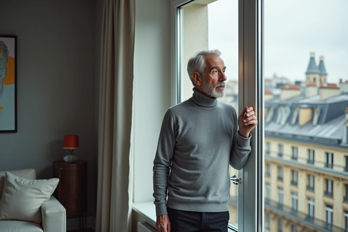 Homem maduro contemplativo perto de uma janela em um apartamento parisiense moderno com vista para os telhados