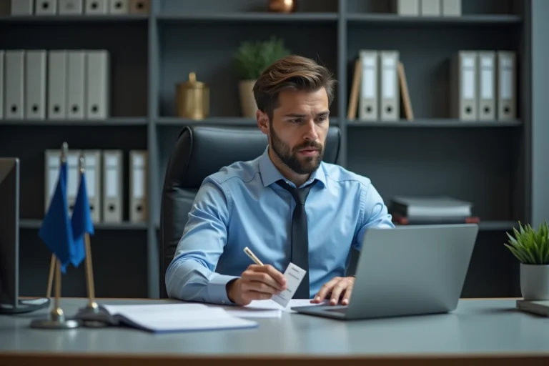 Homme professionnel en bureau officiel avec badge militaire