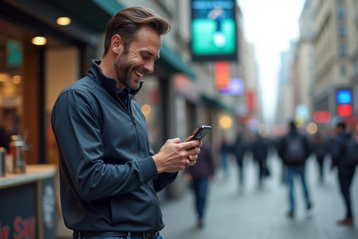 Homme souriant suivant une mise a jour sportive en ville