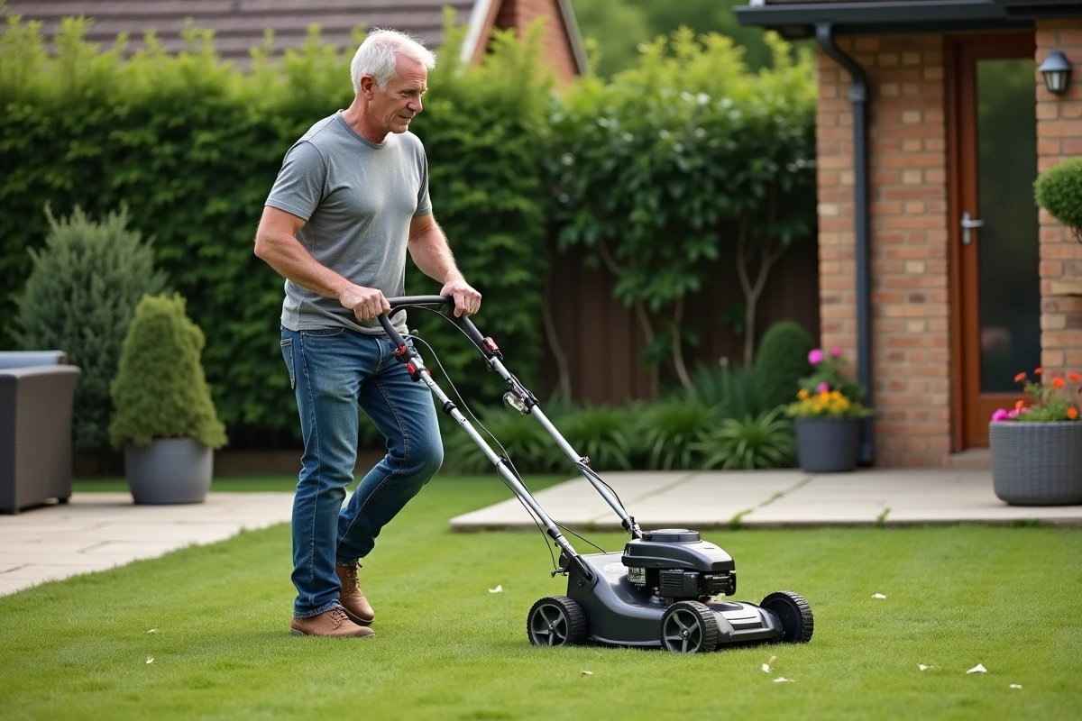 Homme utilisant une tondeuse électrique sans fil dans un jardin résidentiel pour tondre la pelouse