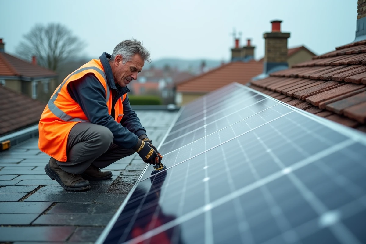 Technicien installant des panneaux solaires photovoltaïques sur le toit d'une maison en rénovation énergétique