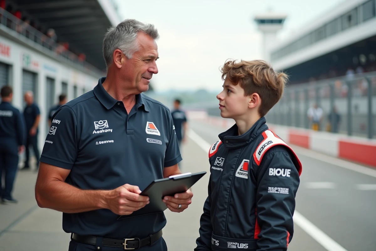 Instructeur de sport automobile expliquant les règles à un jeune pilote en combinaison dans un stand de circuit, académie de conduite junior