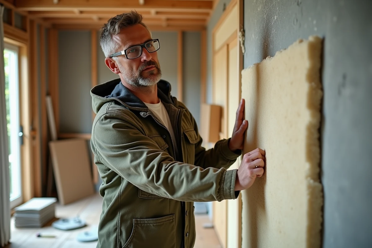 Artisan posant des panneaux d'isolation thermique sur un mur intérieur lors d'une rénovation énergétique