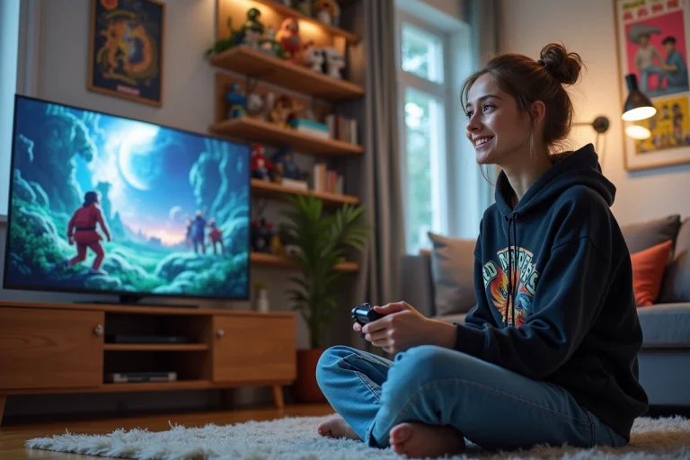Jeune femme avec manette dans un salon moderne entourée de mangas