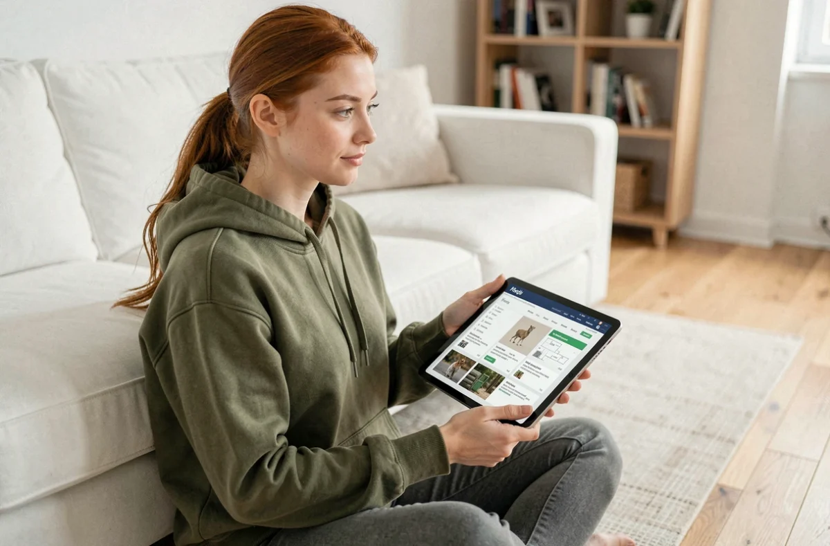 Jeune femme explorant le sitemap du site Animal Libération sur une tablette dans un salon moderne