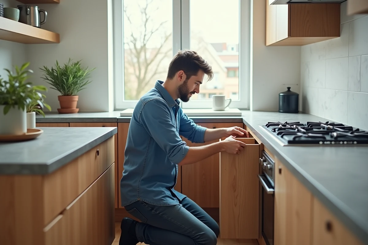 Jeune homme installant un rangement dans une cuisine lumineuse
