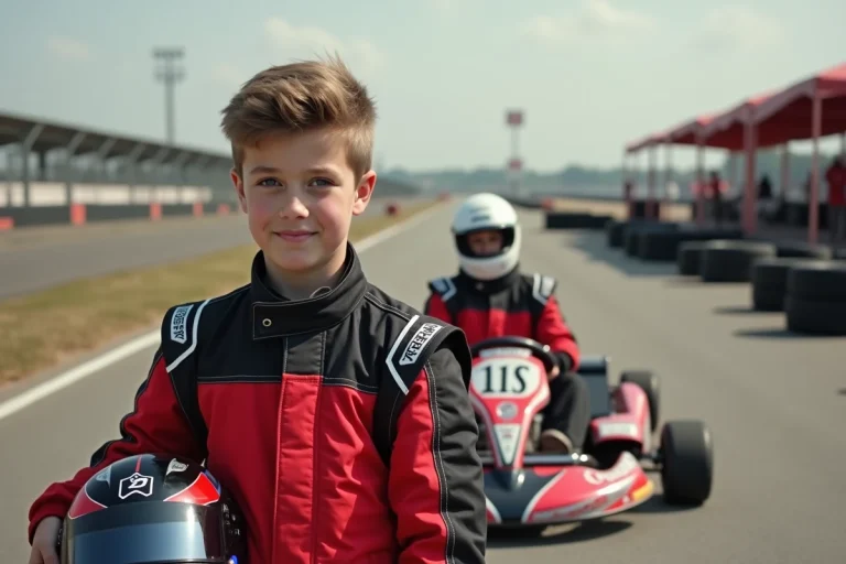 Jeune pilote de karting en combinaison de course rouge et noire tenant son casque dans un paddock de circuit automobile