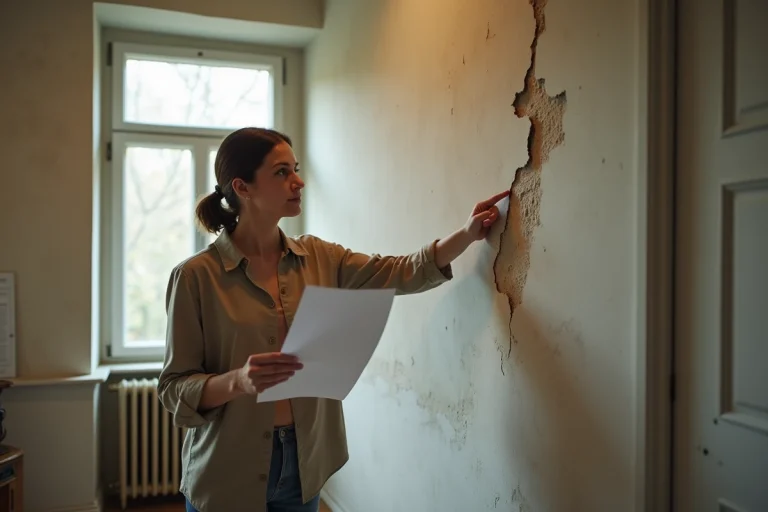 Locataire pointant des dégâts sur un mur de son appartement avec un document de réclamation en main
