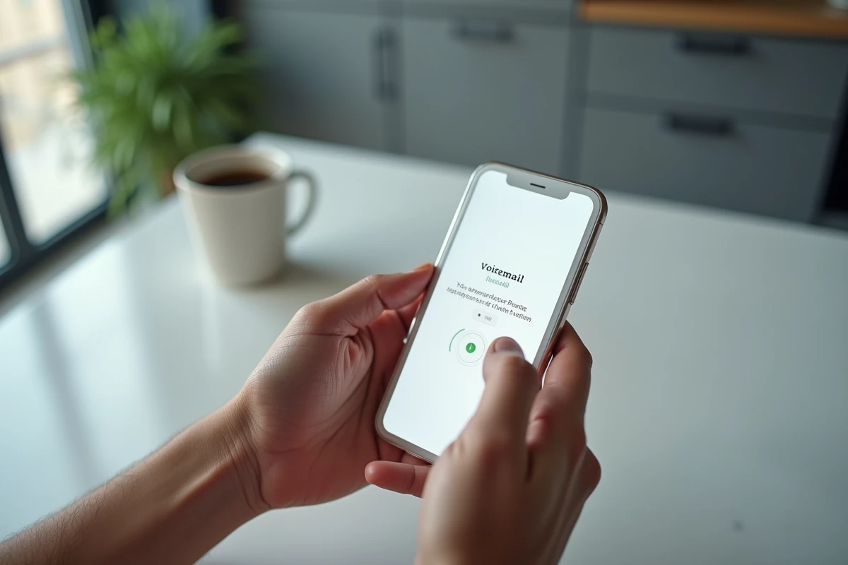 Mains tenant un smartphone affichant le menu de configuration de la messagerie vocale Free