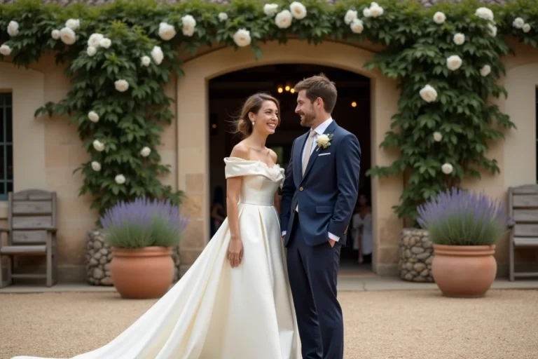 Couple de mariés souriant devant un château en pierre rustique entouré de roses grimpantes et de lavande, ambiance mariage champêtre élégant