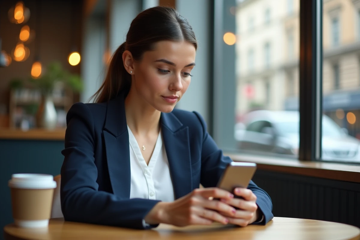 Femme consultant les paramètres de messagerie vocale Free sur son téléphone dans un café