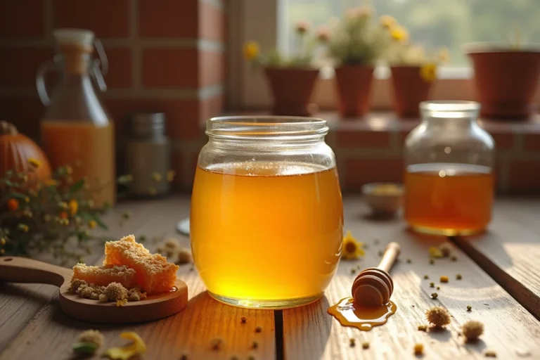 Pot de miel doré avec une cuillère en bois sur une table en bois rustique, illustrant la question du miel dans un régime sans sucre ajouté