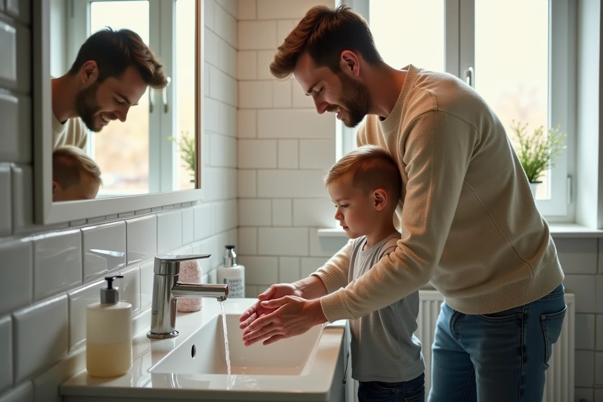 Père montrant à son enfant comment se laver les mains