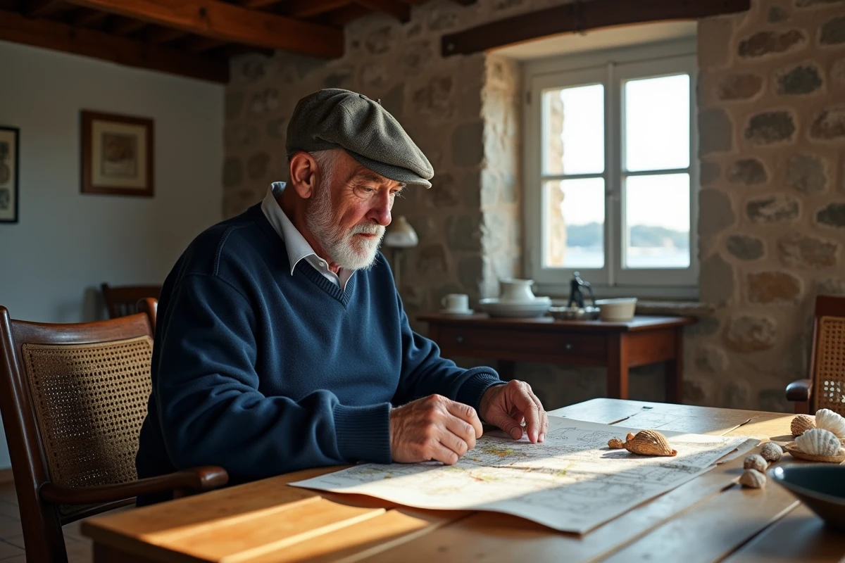 Pêcheur portugais âgé examinant cartes et coquillages