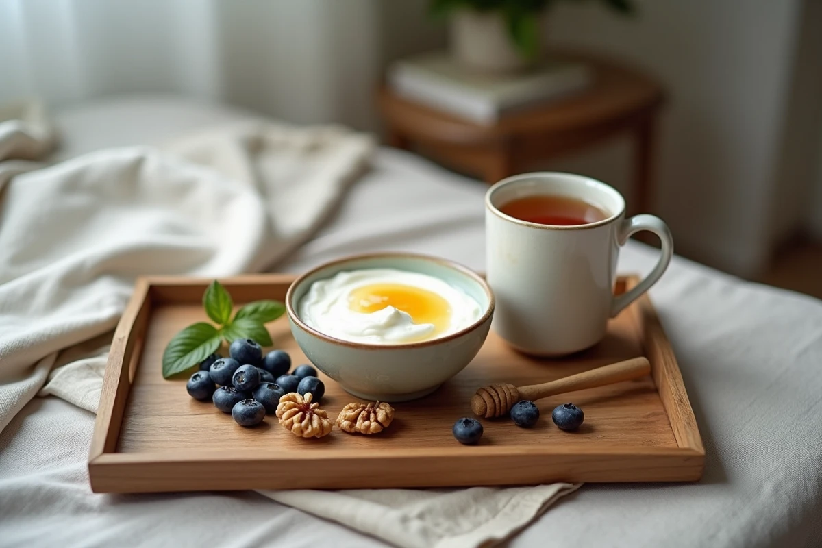 Plateau petit-déjeuner sain avec yaourt grec, miel, myrtilles et noix, illustrant une alimentation équilibrée avec du miel naturel