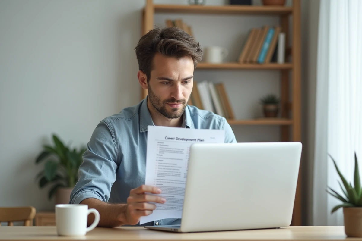 Jeune professionnel analysant son plan de développement de carrière personnalisé à son bureau à domicile