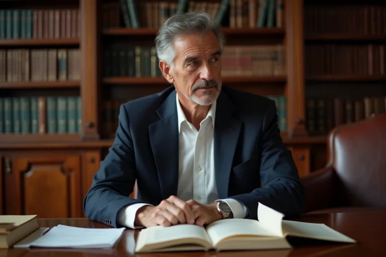 Portrait d'un homme distingué dans une bibliothèque privée évoquant la vie intellectuelle et personnelle d'Alain Bauer