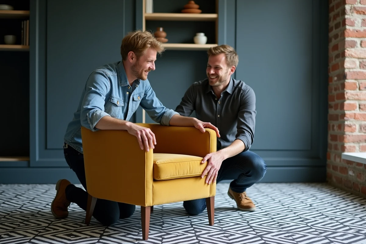 Homme positionnant un fauteuil vintage en velours moutarde sur carrelage géométrique noir et blanc dans une pièce rénovée avec mur bleu marine et briques apparentes