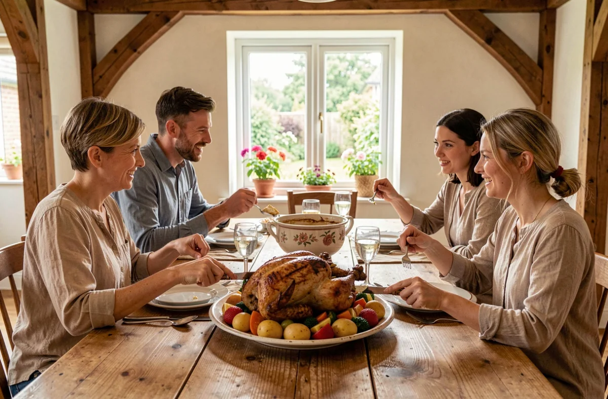 Famille réunie autour d'un repas de poulet rôti et légumes servi sur une grande table en bois rustique