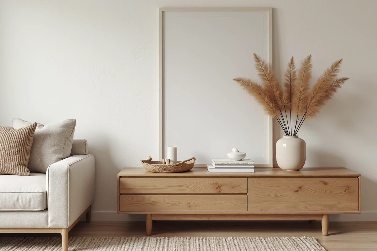 Salon scandinave décoré avec un buffet en chêne, vase en céramique, herbes de la pampa séchées, coussins en tricot et mur en stuc calcaire beige chaleureux