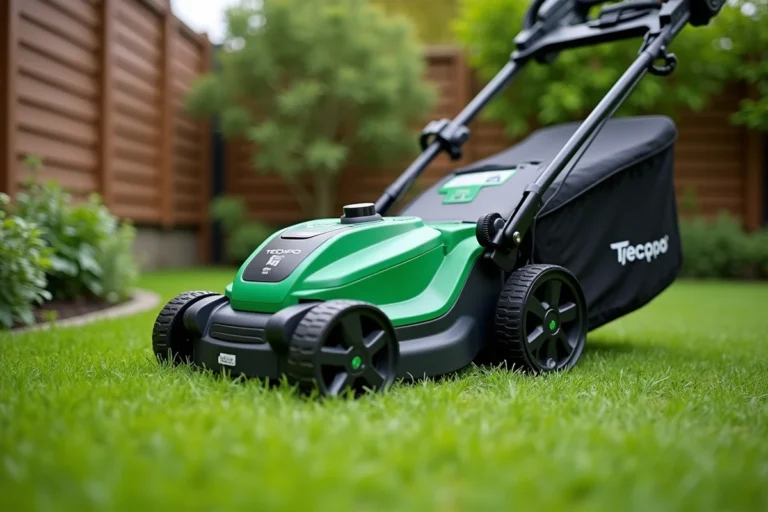 Tondeuse électrique TECCPO TDLM01G posée sur une pelouse résidentielle bien entretenue avec bac de ramassage visible