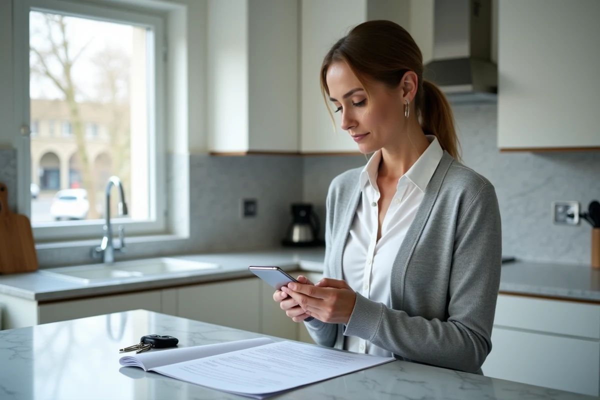 Femme vérifiant l'enregistrement d'un certificat de cession via smartphone dans une cuisine moderne