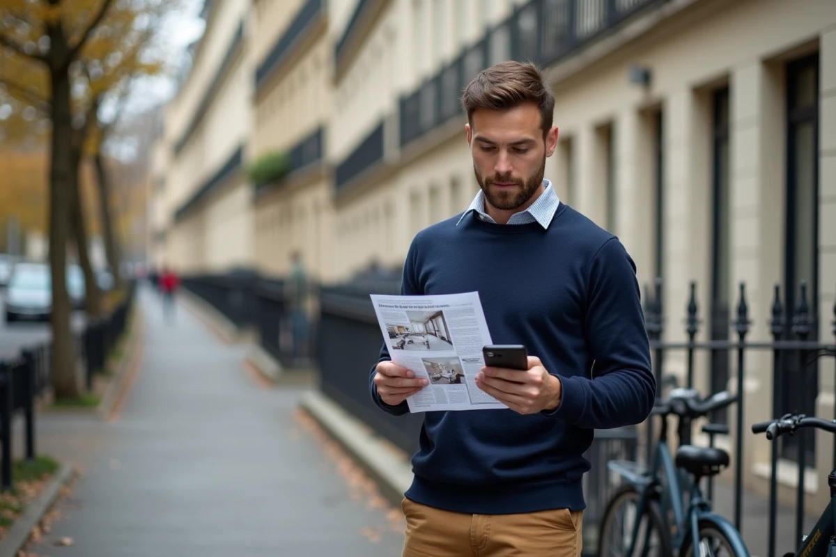 Homme consultant une annonce immobilière devant un immeuble haussmannien à Paris, tenant un listing d'appartement et son téléphone portable