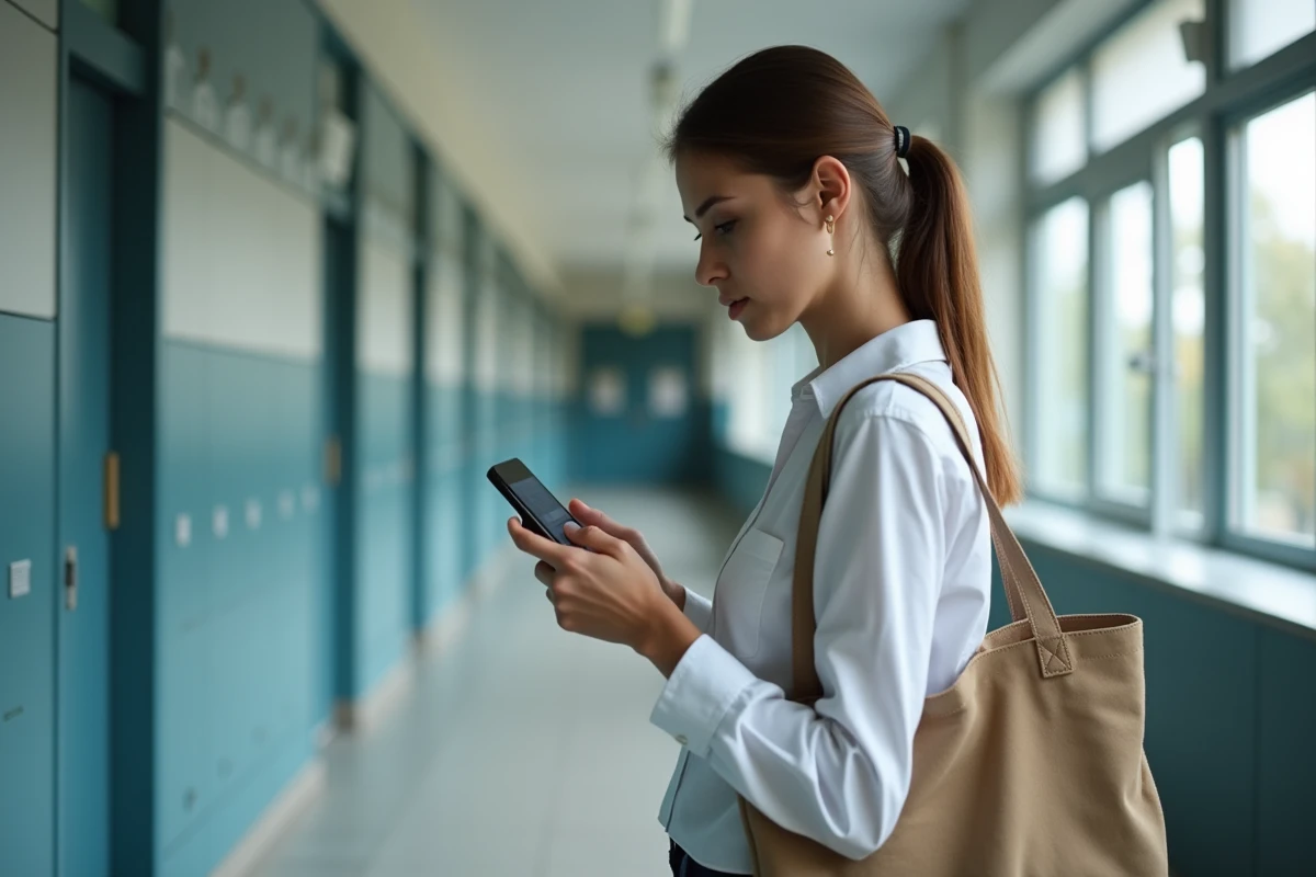 Jeune femme consultant le webmail académique de Lyon sur smartphone dans un couloir d'établissement scolaire